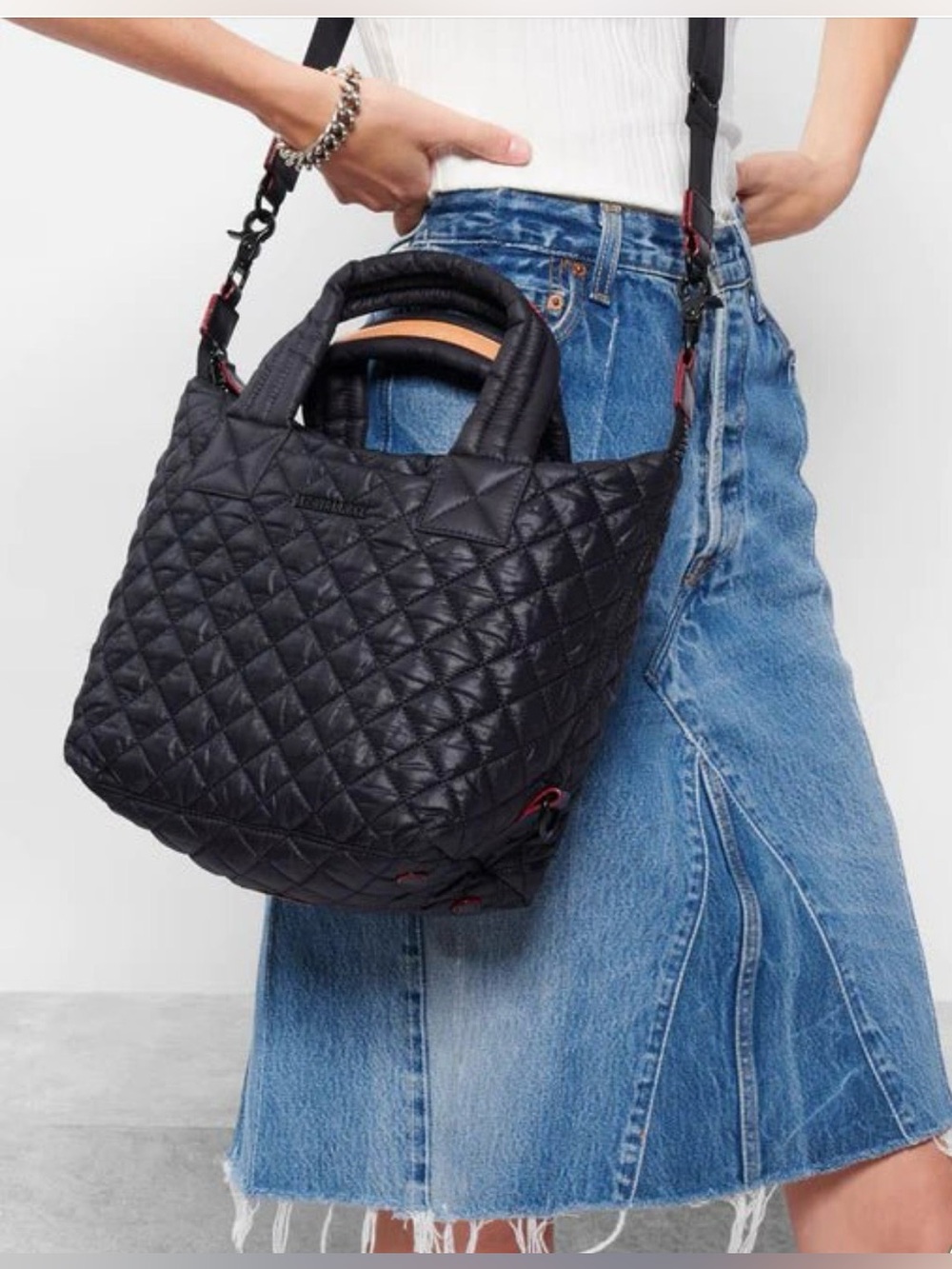 MZ Wallace Black Quilted Small Crossbody Tote with Orange Trim